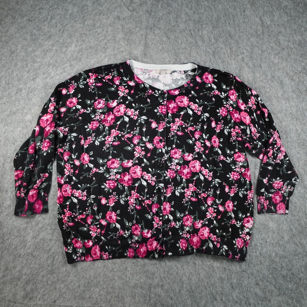 Woman Within Cardigan Womens 2X Black Pink Floral Cotton Button Front Sweater